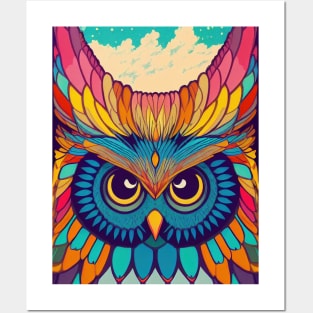 Colorful Owl Portrait Illustration - Bright Vibrant Colors Bohemian Style Feathers Psychedelic Bird Animal Rainbow Colored Art Posters and Art